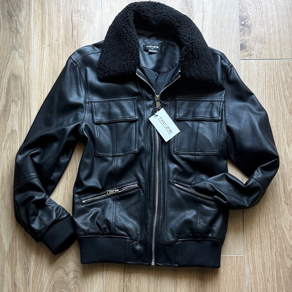 Noize Unisex Black Vegan Leather Bomber Jacket with Sherpa Collar